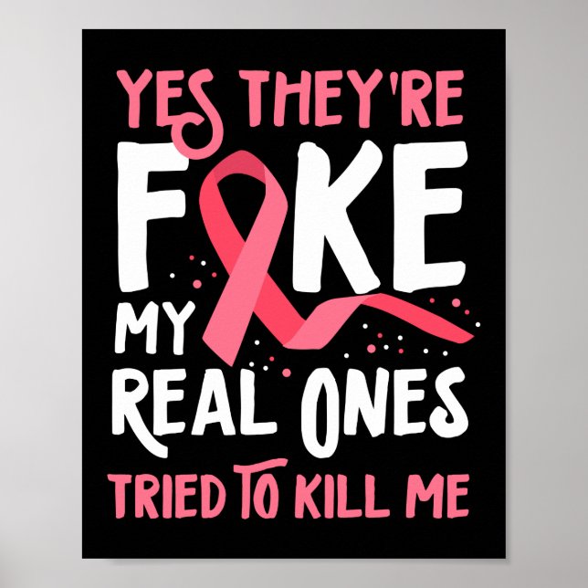 Bröstcancer Ja, de är Fake Rosa Ribbon Poster (Framsidan)