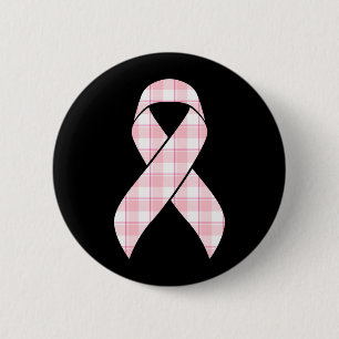 Bröstcancer Medvetande Plaid Rosa Band Knapp