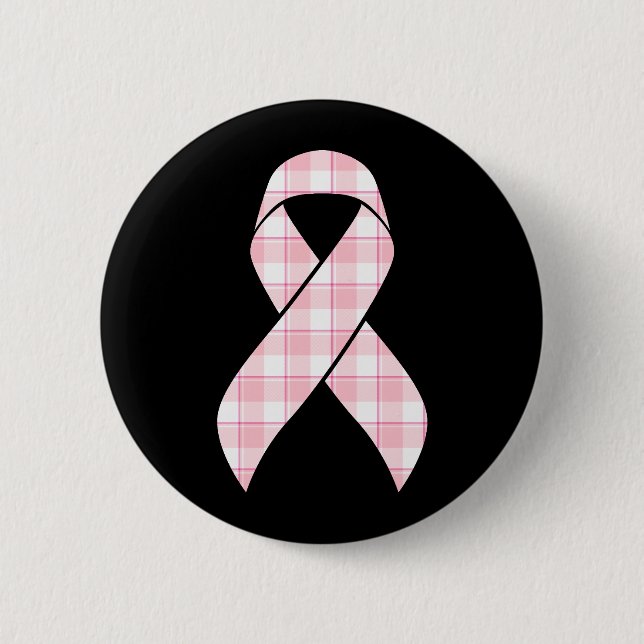 Bröstcancer Medvetande Plaid Rosa Band Knapp (Framsida)
