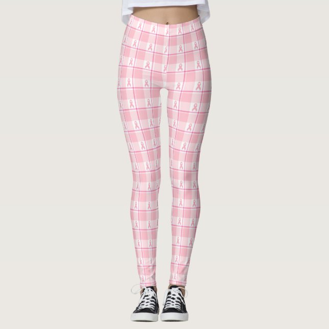 Bröstcancer Medvetenhet Plaid Rosa Bandet Leggings (Framsida)