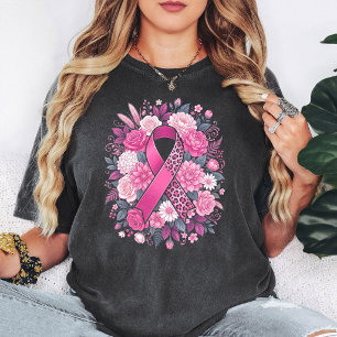 Bröstcancer Medvetenhet Rosa Band Blommig T Shirt