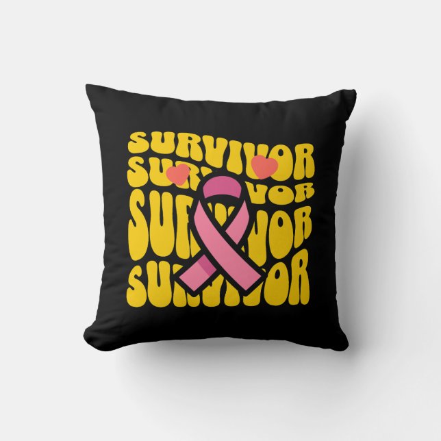Bröstcancer Medvetenhet Rosa Band Överlevare Kudde (Framsida)