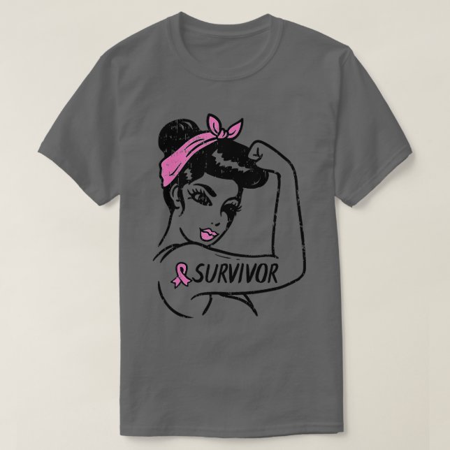 Bröstcancer överlevande Rosie Riveter Rosa Ribbon  T Shirt (Design framsida)