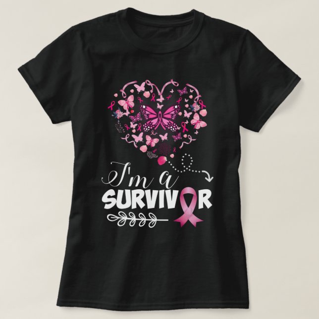 Bröstcancer Rosa Butterfly Heart Jag är ett T Shirt (Design framsida)