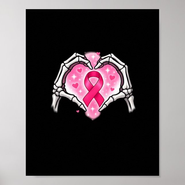 Bröstcancer Skeleton Hand Heart - tecken Ribbon Aw Poster (Framsidan)