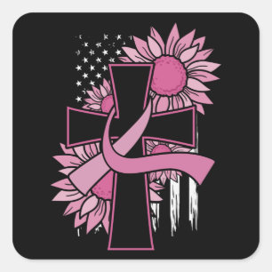 Bröstcancer Solros Rosa Band Kors Tro Fyrkantigt Klistermärke