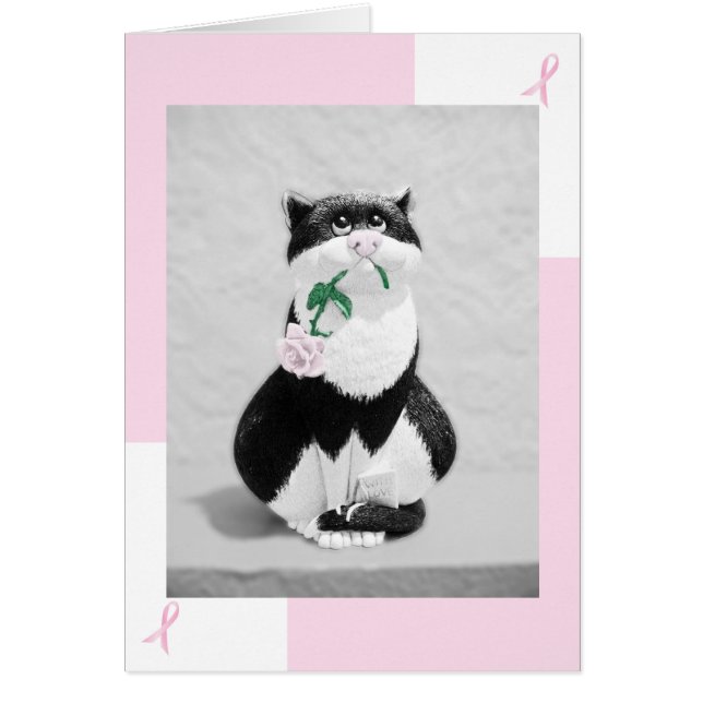 Bröstcancerkort - Katt med Rosa ros Hälsningskort (Framsidan)