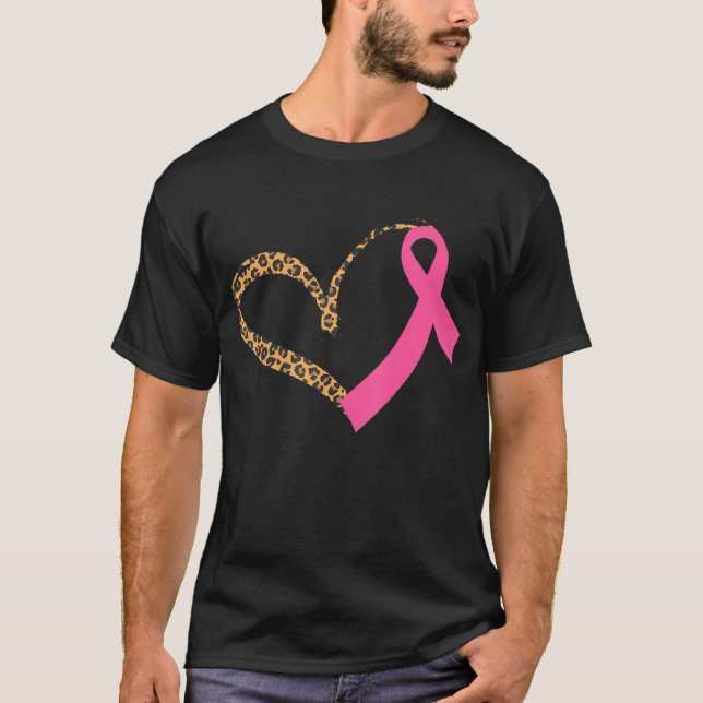 Bröstcancermedvetande Leopard Skriv ut Rosa på hjä T Shirt (Framsida)