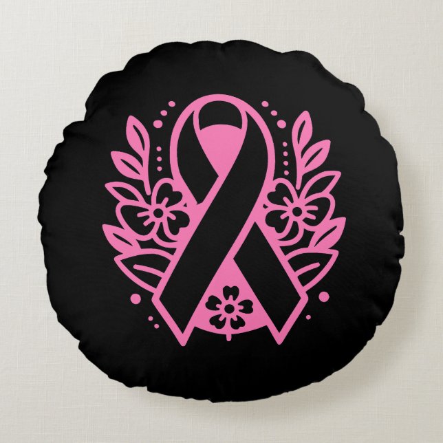 Bröstcancermedvetenhet Rosa Band Rund Kudde (Framsidan)