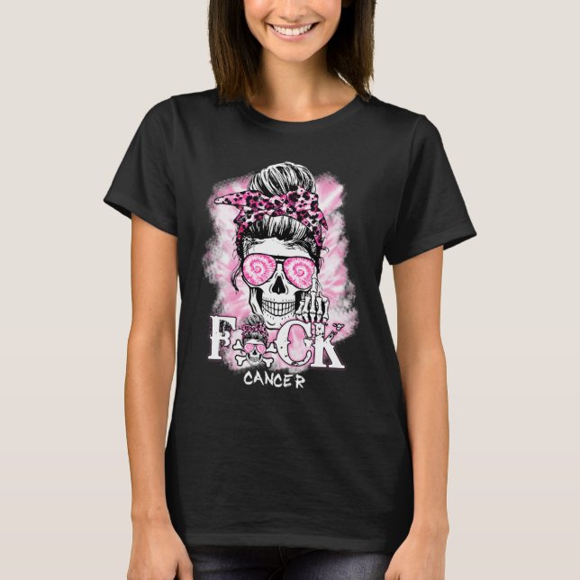 Bröstcancermedvetenhet Skull F Ck Cancer Rosa Rib T Shirt (Framsida)
