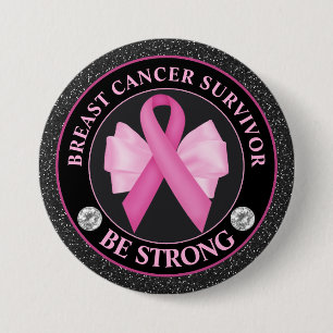 Bröstcanceröverlevare – Rosa band & glitterbåge Knapp