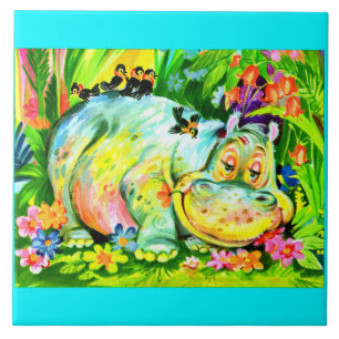 Bröstfärgad hippopotamus och fåglar kakelplatta