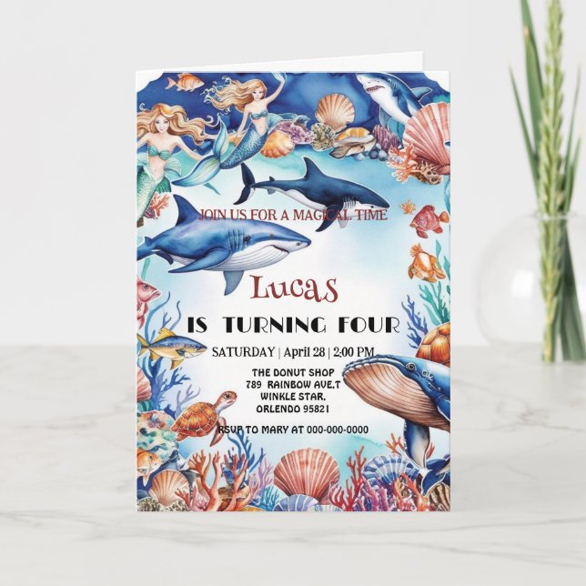 Brösthajfödelsedag med vit sjöjungfru inbjudan (Framsida)