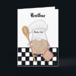 Brother Birthday Whimsical Gnome Chef Cooking Kort<br><div class="desc">Överraska din kära bror på hans födelsedag med det här. Kortets framsida är försedd med en vismisk illustration av en gnom som bär kock och som med glädje kokar upp en storm i ett fantastiskt kök. Bakgrunden innehåller lekfull utcheckad mönster,  som lägger till en liten aning stollig i scenen.</div>