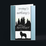 Brother Grattis på födelsedagen - Varg Silhouette/ Kort<br><div class="desc">Skicka din bror kärlek och bäste födelsedag önskemål med fantastisk-designen av en svart och vit Varg silhuett och träd linje med blå tonad gräns. En inre kortevers ingår för din använda eller så kan du anpassa den ytterligare genom att lägga till dina egna speciella känslor ... ©SmudgeArt - Madeline M...</div>