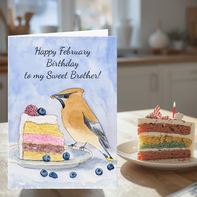 Brother Happy February Birthday Cedar Waxwing Cake Kort (Skapare uppladdad)