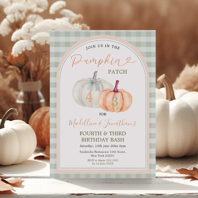 Brother & Sister Pumpkin Patch Gingham Birthday Inbjudningar (Skapare uppladdad)