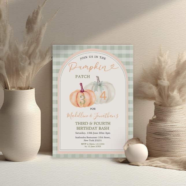 Brother & Sister Pumpkin Patch Gingham Birthday Inbjudningar (Skapare uppladdad)