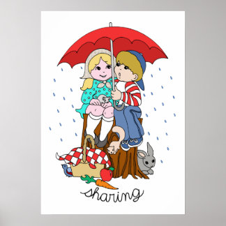 Brother & Sister Sharing Parbrella in Rain Poster