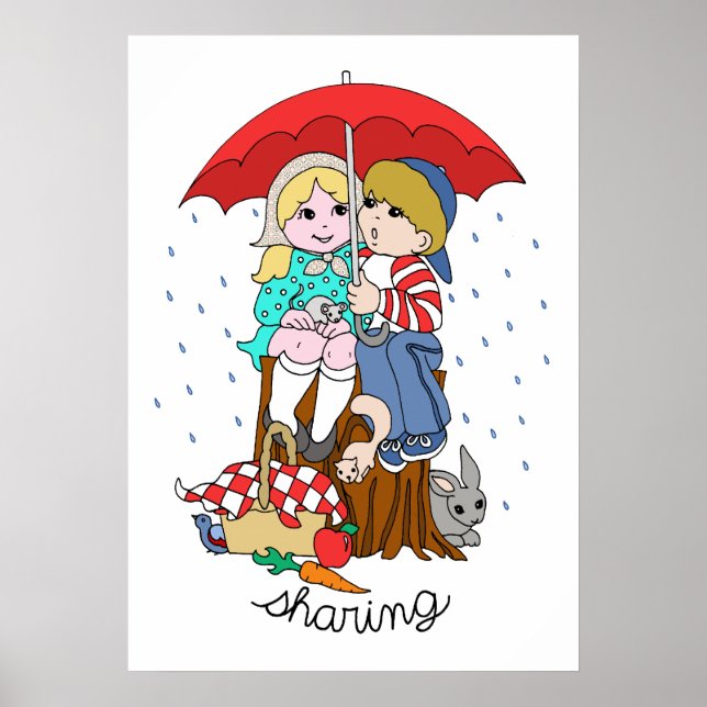 Brother & Sister Sharing Parbrella in Rain Poster (Framsidan)