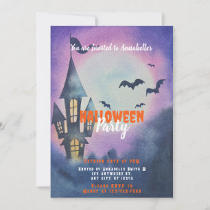 Brött hus, full måne Fladdermus Halloween fest Inbjudningar