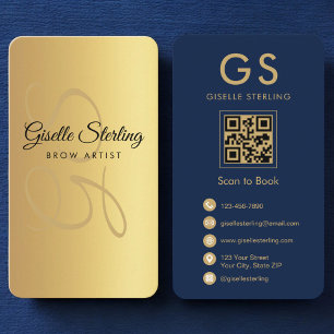 Brow Artist Guld Navy Blue QR Code Monogram Visitkort