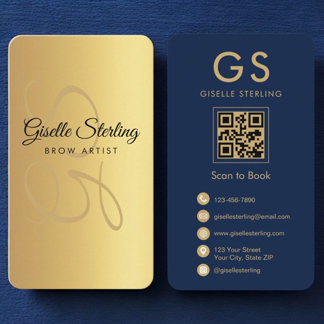 Brow Artist Guld Navy Blue QR Code Monogram Visitkort (Skapare uppladdad)