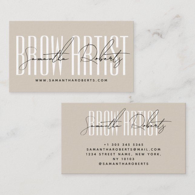 Brow artist modern typography script beige visitkort (Fram/baksida)