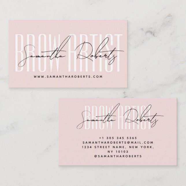 Brow artist modern typography script blush pink visitkort (Fram/baksida)