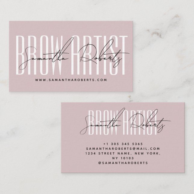 Brow artist modern typography script neutral pink visitkort (Fram/baksida)