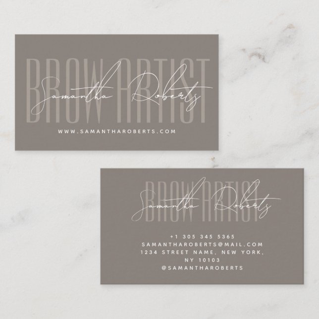 Brow artist modern typography script taupe visitkort (Fram/baksida)
