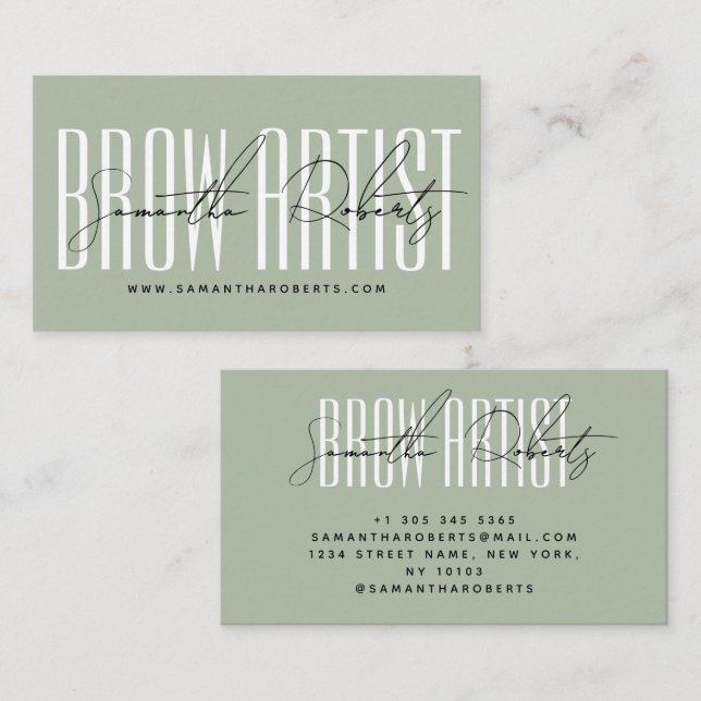 Brow artist modern typsnitt manus sagegrön visitkort (Fram/baksida)