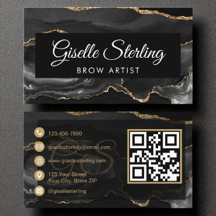 Brow Artist QR Code Black Guld Agate Luxury Visitkort