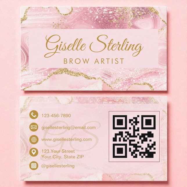 Brow Artist  Rosa Guld Agate QR-kod Visitkort (Skapare uppladdad)