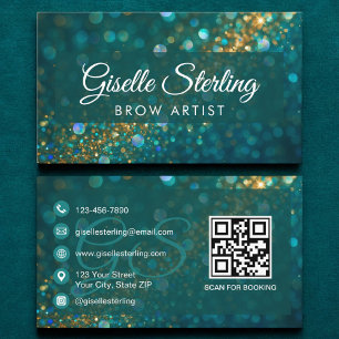 Brow Artist Teal Guld Glitter QR Code Luxury Visitkort
