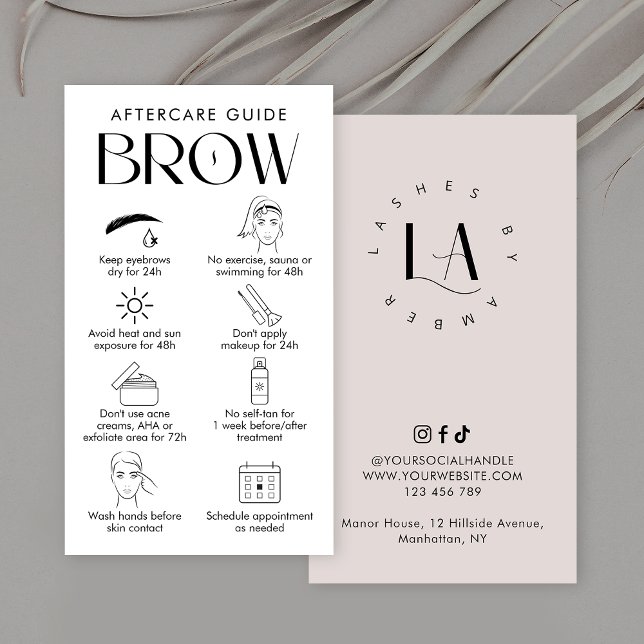 Brow Lamation Aftercare Modern Logotyp Cream Visitkort (Trendy brow lamination & microblading aftercare business cards in neutral cream & white design)