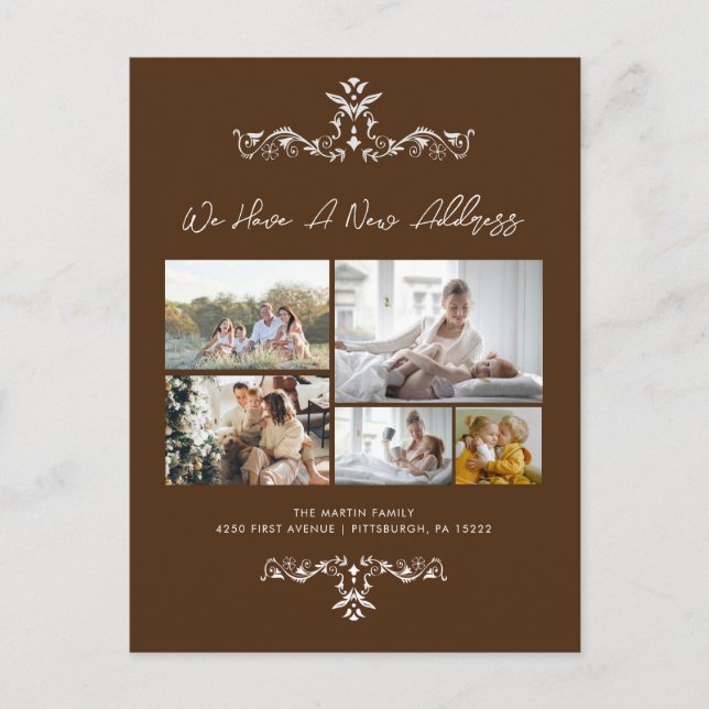 Brown 5 Foton Ornate Flytta Announement Vykort (Framsida)