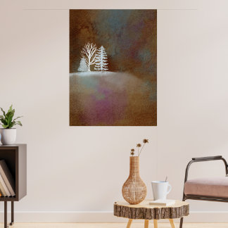 Brown A Winter Night White Snö Träd Poster