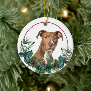 Brown American Pit Bull Dog Evergreen Wand Julgransprydnad Keramik