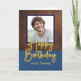 Brown and Blue leather Gold Script Uncle Birthday Kort