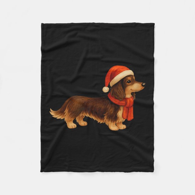 Brown And Tan Christmas Dachshund Santa Hat  Fleecefilt (Framsidan)