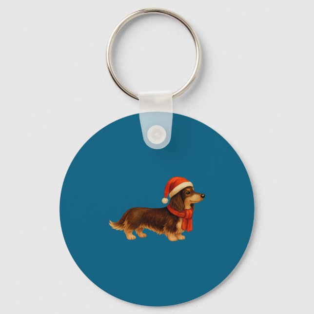 Brown And Tan Christmas Dachshund Santa Hat  Nyckelring (Framsida)