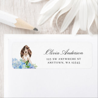 Brown and White Cocker Spaniel Blue Hydrangea Returadress Etikett