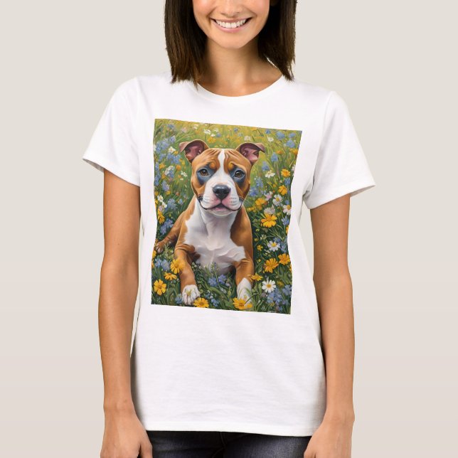 Brown And White Staffordshire Bull Terrier Puppy, T Shirt (Framsida)