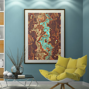 Brown Aqua Teal Turcos Grönt Geode Marble Art Poster
