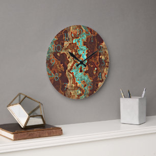 Brown Aqua Teal Turcos Grönt Geode Marble Art Stor Klocka