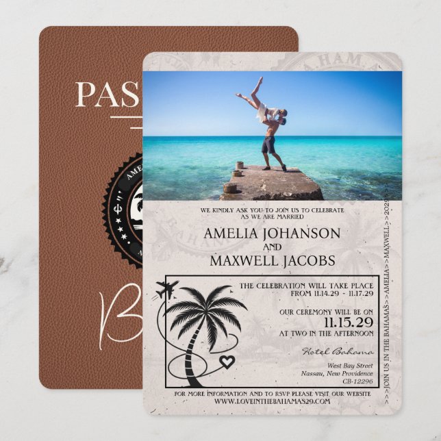 Brown Bahamas Passport Bröllop Inbjudningar (Fram/baksida)