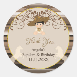 Brown Baptism Första födelsedag Tack Sticker Runt Klistermärke