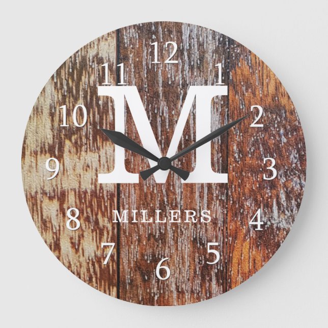 Brown Barn Wood Farmhouse Monogram Stor Klocka (Framsida)