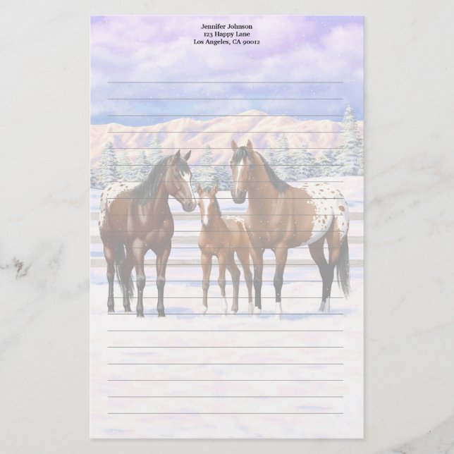 Brown Bay Appaloosa-hästar i Snö Brevpapper (Framsida)